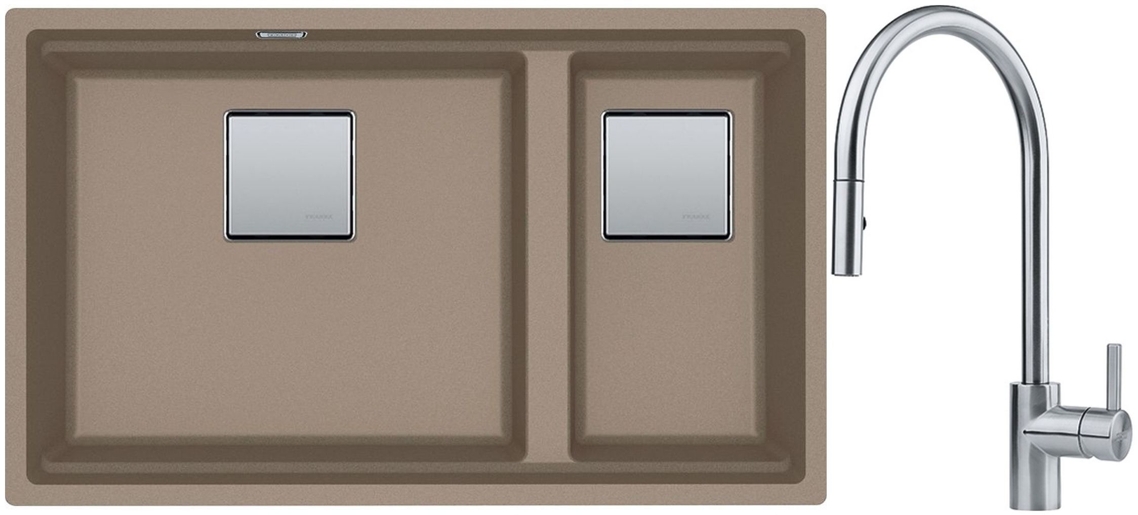 Franke Kanon KNG 120 zlewozmywak 76x46 cm Fragranite cappuccino z baterią kuchenną Eos Neo stal szlachetna (1250528637, 1150590045)