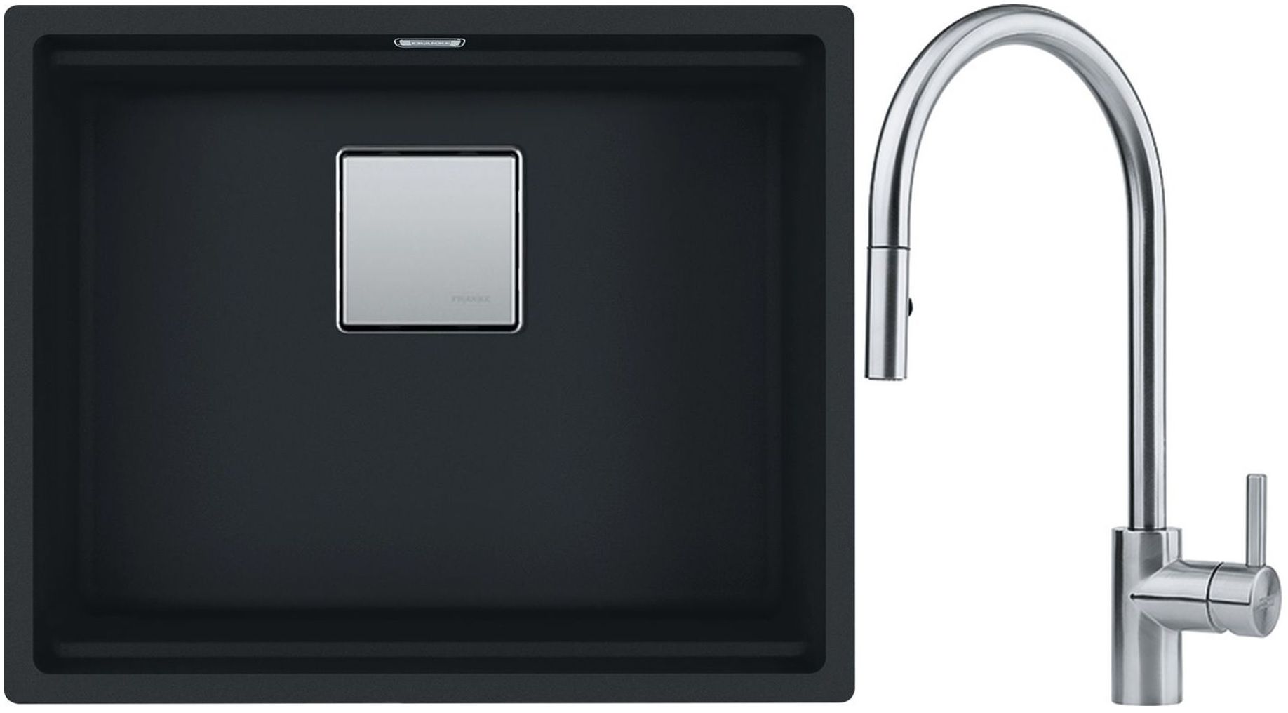 Franke Kanon KNG 110-62 zlewozmywak 62x42 cm Fragranite czarny mat z baterią kuchenną Eos Neo stal szlachetna (1250633003, 1150590045)