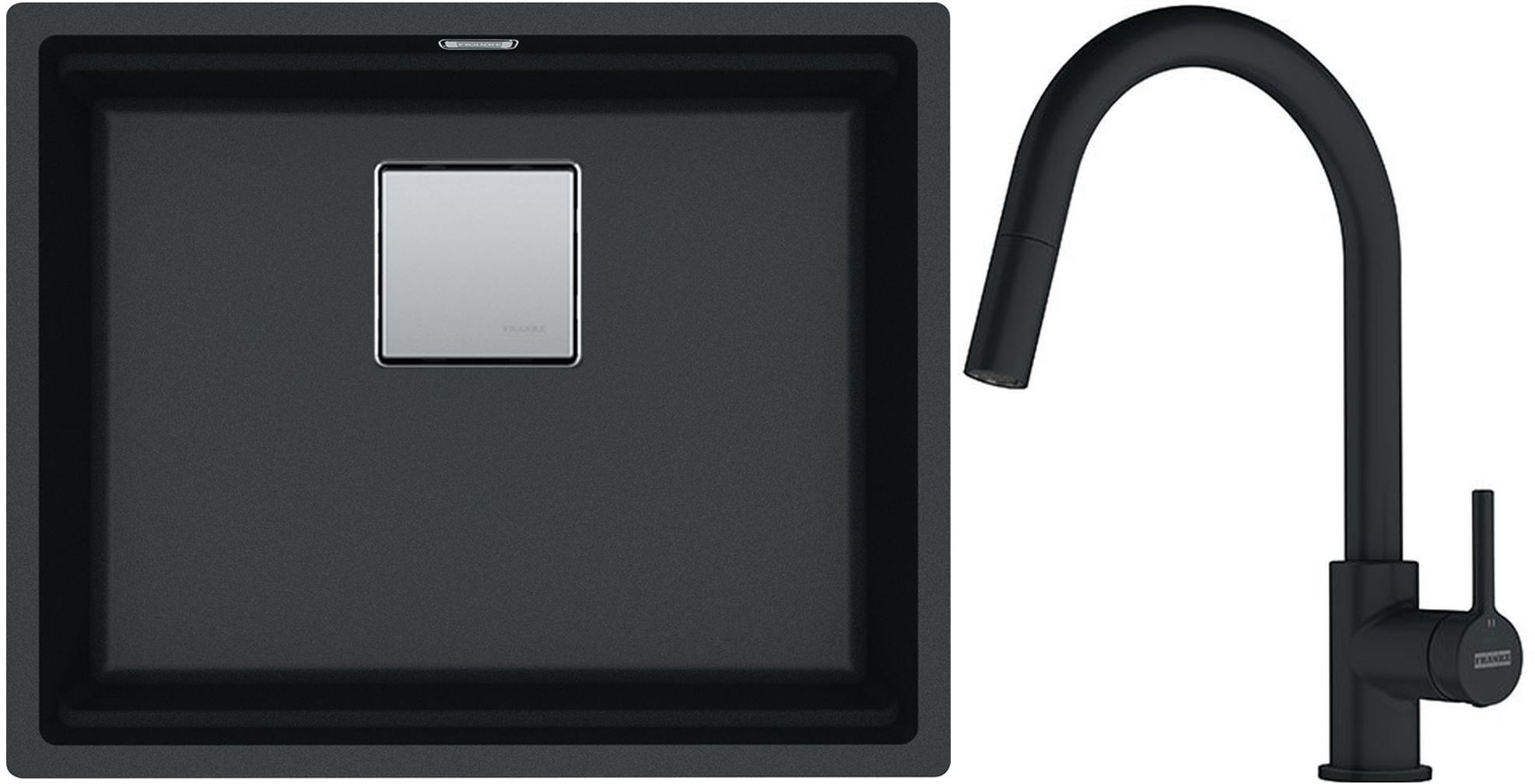 Franke Kanon KNG 110-52 zlewozmywak 52x42 cm Fragranite onyx z baterią kuchenną Lina Pull-Out czarny mat (1250528612, 1150626053)