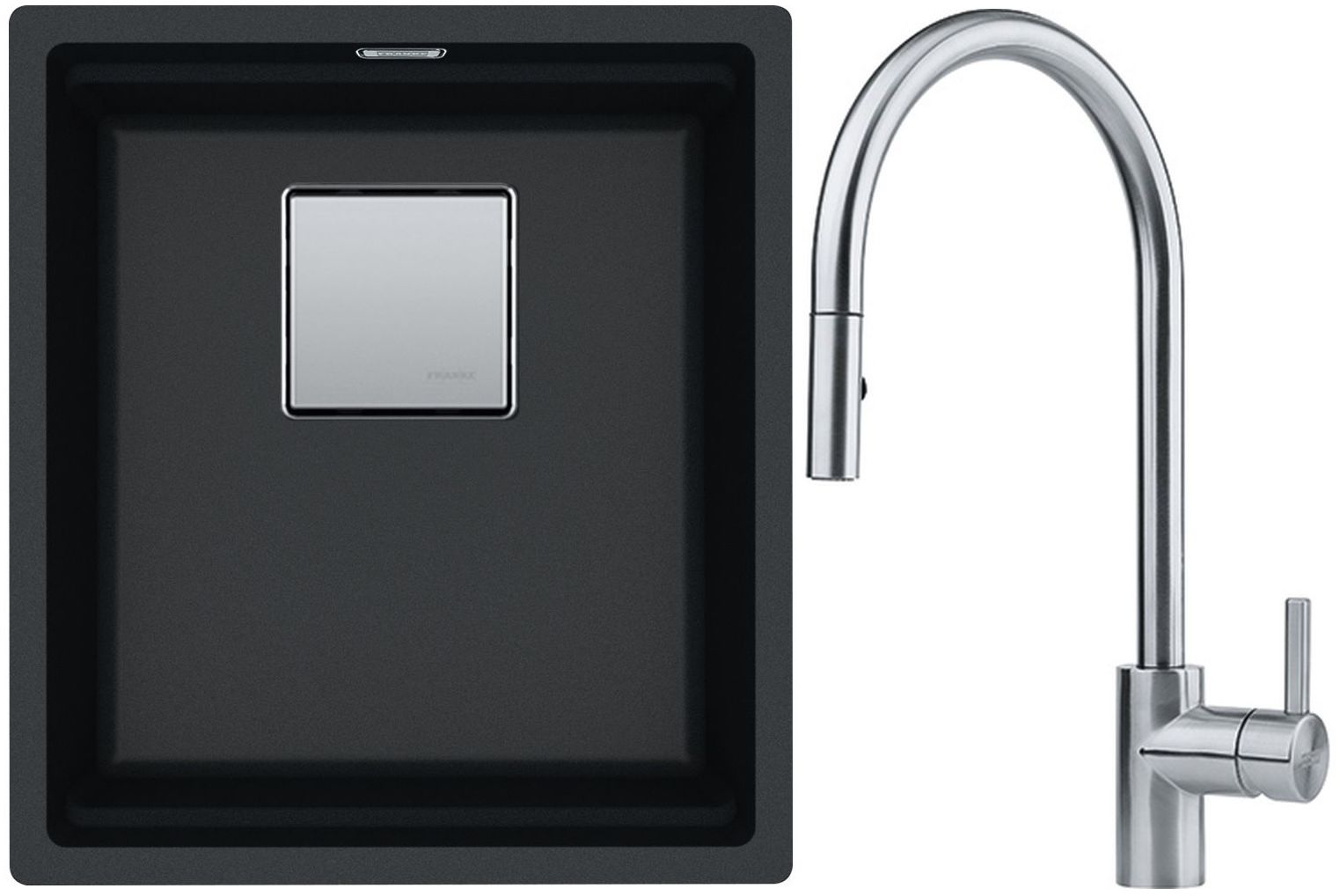 Franke Kanon KNG 110-37 zlewozmywak 37x42 cm Fragranite onyx z baterią kuchenną Eos Neo stal szlachetna (1250528628, 1150590045)