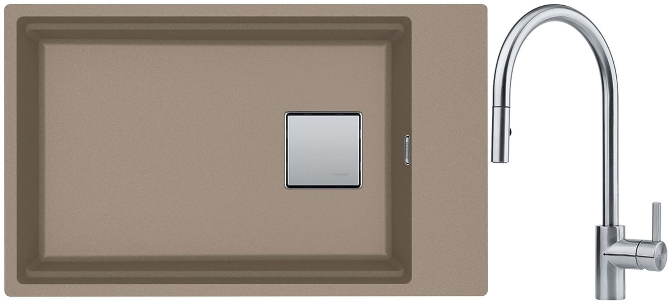 Franke Kanon KNG 110-62 zlewozmywak 62x42 cm Fragranite cappuccino z baterią kuchenną Eos Neo stal szlachetna (1250528621, 1150590045)
