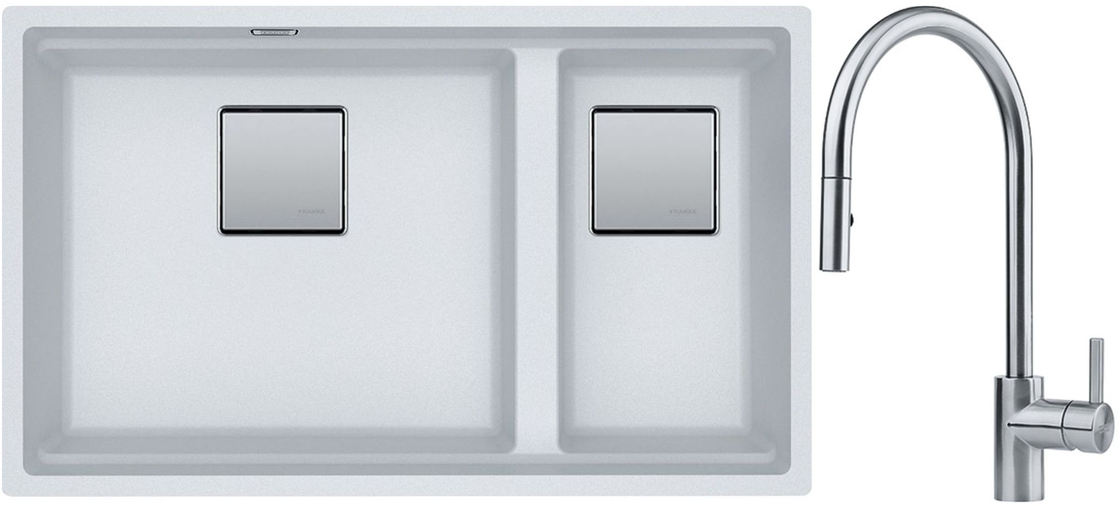 Franke Kanon KNG 120 zlewozmywak 76x46 cm Fragranite biały polarny z baterią kuchenną Eos Neo stal szlachetna (1250528638, 1150590045)