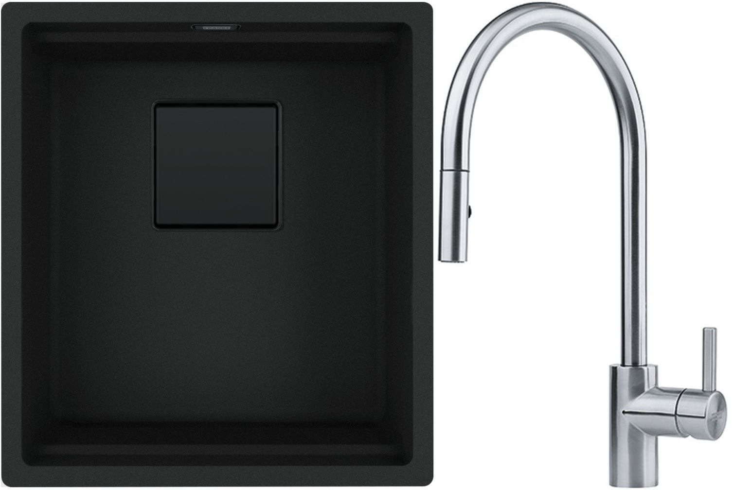 Franke Kanon KNG 110-37 zlewozmywak granitowy 46x41 cm czarny mat z baterią kuchenną Eos Neo stal szlachetna (1250721149, 1150590045)