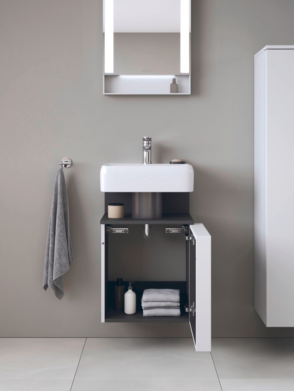 Duravit Qatego szafka 44 cm podumywalkowa wisząca lewa biały mat/czarny QA4076L49180000