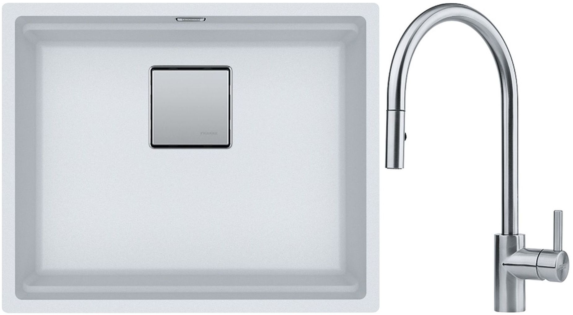 Franke Kanon KNG 110-52 zlewozmywak 52x42 cm Fragranite biały polarny z baterią kuchenną Eos Neo stal szlachetna (1250528614, 1150590045)