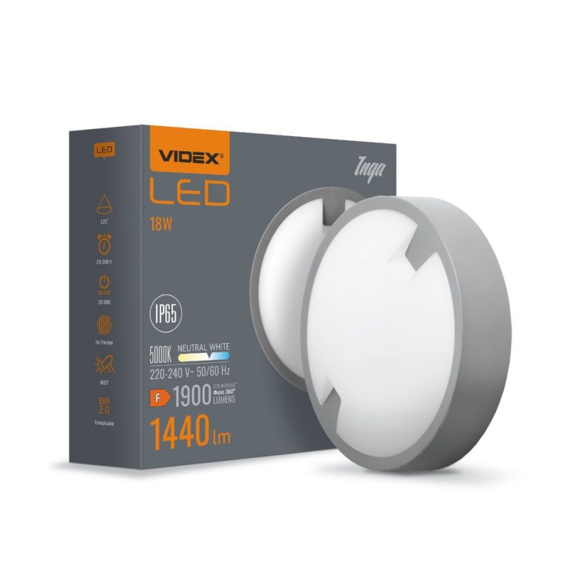 Lampa sufitowa zewnętrzna Videx Inga szara LED 18W 5000K 1900lm IP65 wym: 22 x 22,08 x 6,5 cm - 1 szt.