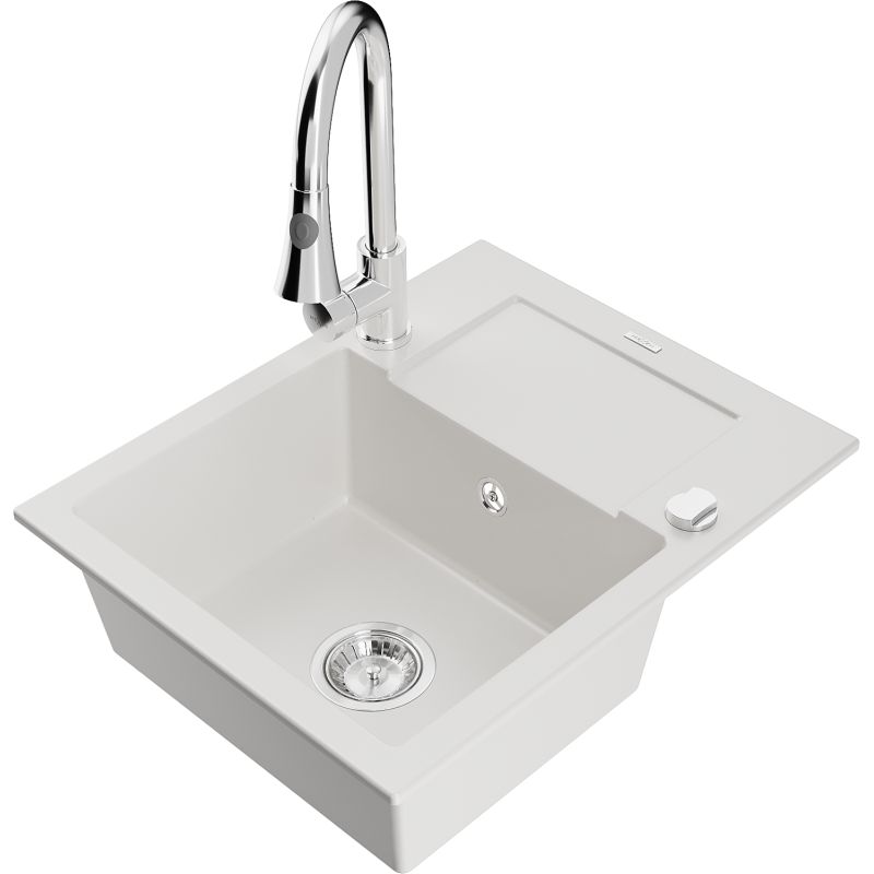 Zlewozmywak granitowy 1-komorowy Mexen Enzo z ociekaczem i baterią kuchenną Elia biały 6506-20-670101-00
