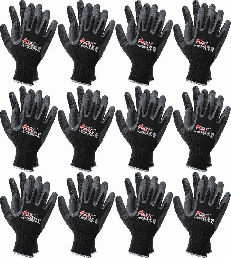 12x Rękawice robocze Reis Dragon RNYLA B, powlekane, rozmiar 10, czarny