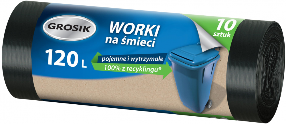 Worki na śmieci Grosik, na odpady zmieszane, supergrube, 120l, 10 sztuk, czarny