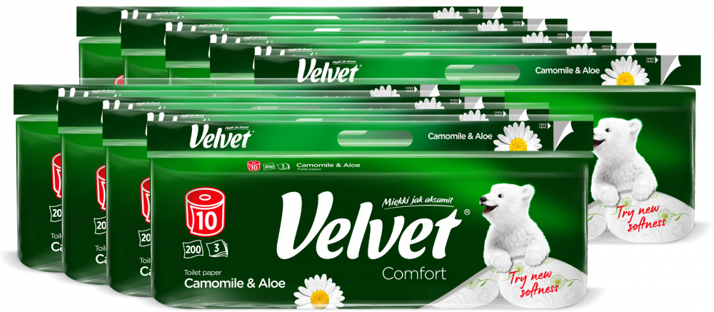 9x Papier toaletowy Velvet Comfort Camomile & Aloe, 3-warstwowy, 10 rolek, 25m, biały