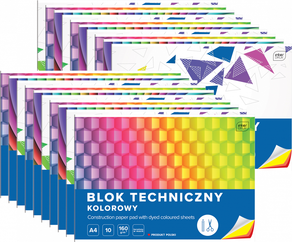 20x Blok techniczny Interdruk, A4, 10 kartek, kolorowy, barwiony w masie, mix wzorów