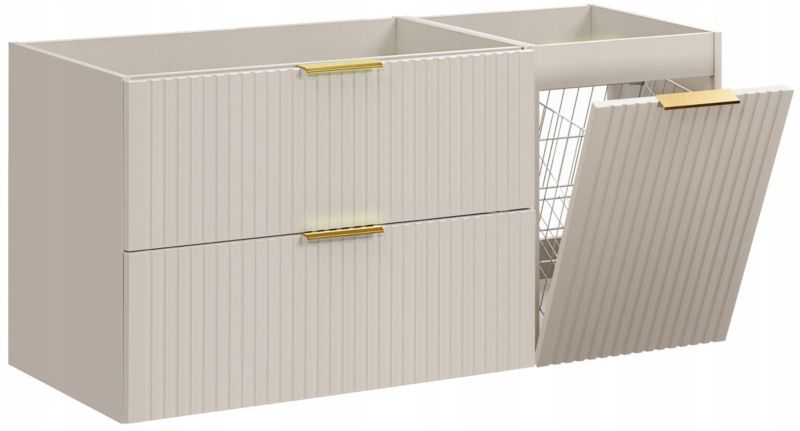 Szafka pod umywalkę Furnidea 120 cm kaszmir ryflowana z koszem na pranie i blatem dąb Wotan Adel 1 szt.