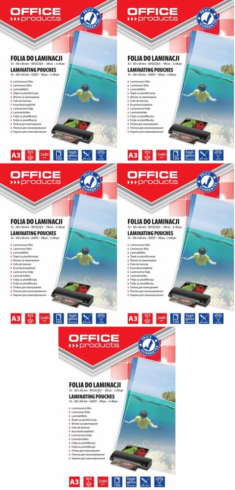 5x Folia do laminowania Office Products, 303x426mm, A3, 2x80 μm, antystatyczna, 100 sztuk