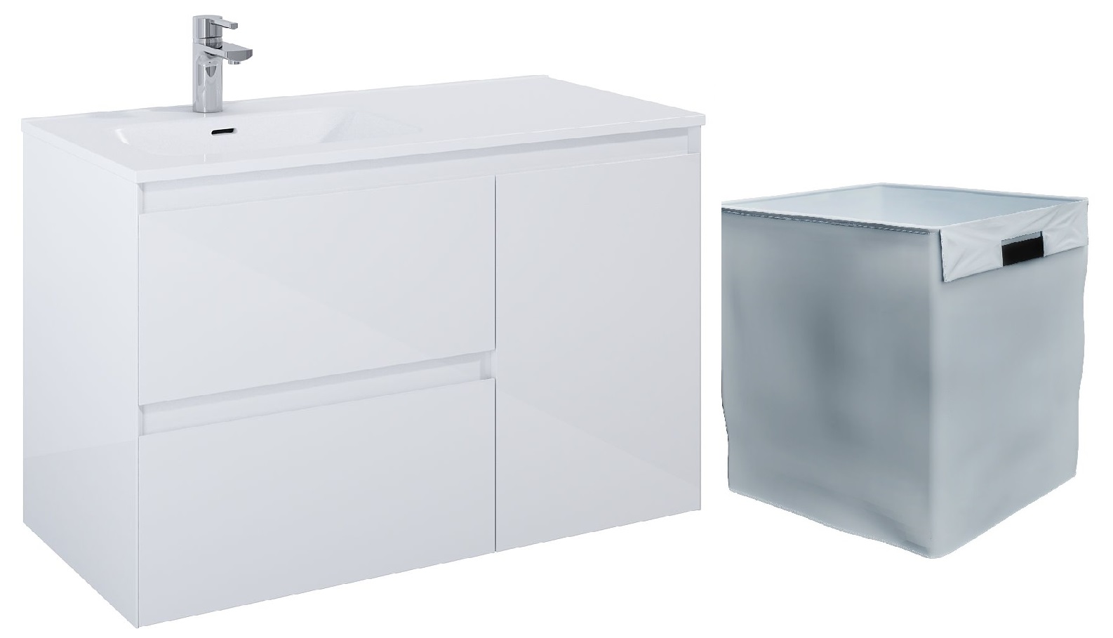 Zestaw Elita Split szafka 100 cm podumywalkowa wisząca lewa z wkładem do kosza biały połysk (RE011006058060, RE199488000010)