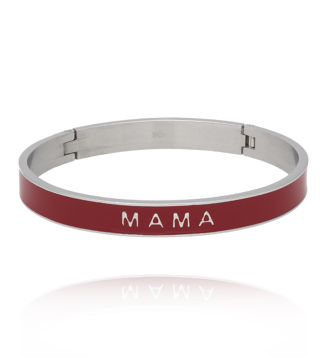 Bransoletka obręcz z bordową emalią i napisem Mama - By Dziubeka