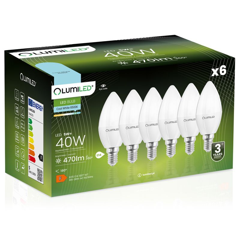 Żarówka LED LUMILED E14 B35 5W 470lm 6500K 180st 6 szt.