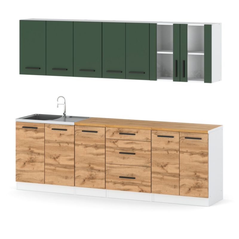Zestaw Kuchenny Hurtownia-Mebli Z Blatem Kuchnia Remino 260cm Biały Mat Butelkowa Zieleń/Dąb Wotan 260x47x145 cm 1szt.