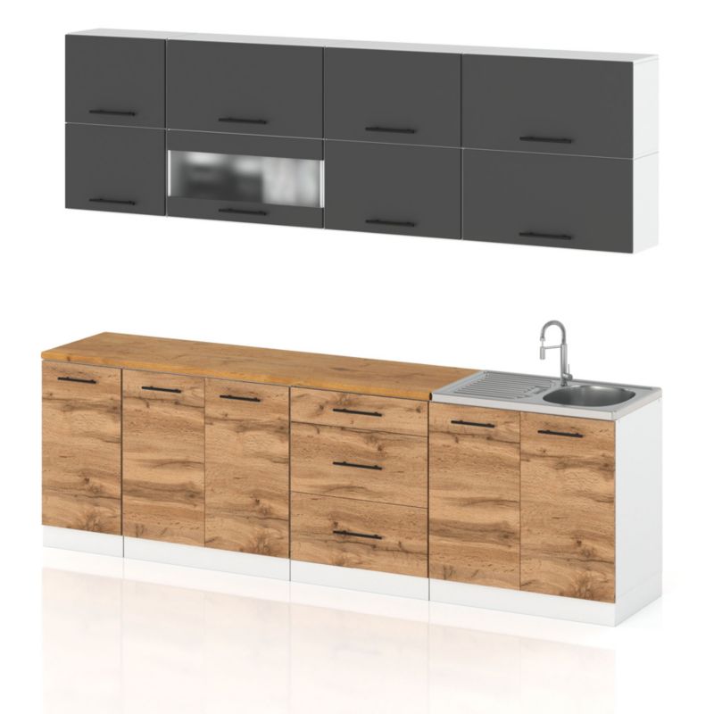 Zestaw Kuchenny Hurtownia-Mebli Z Blatem Kuchnia Robo Lux 260cm Biały Mat Szary Mat/Dąb Wotan 260x52x157 cm 1szt.