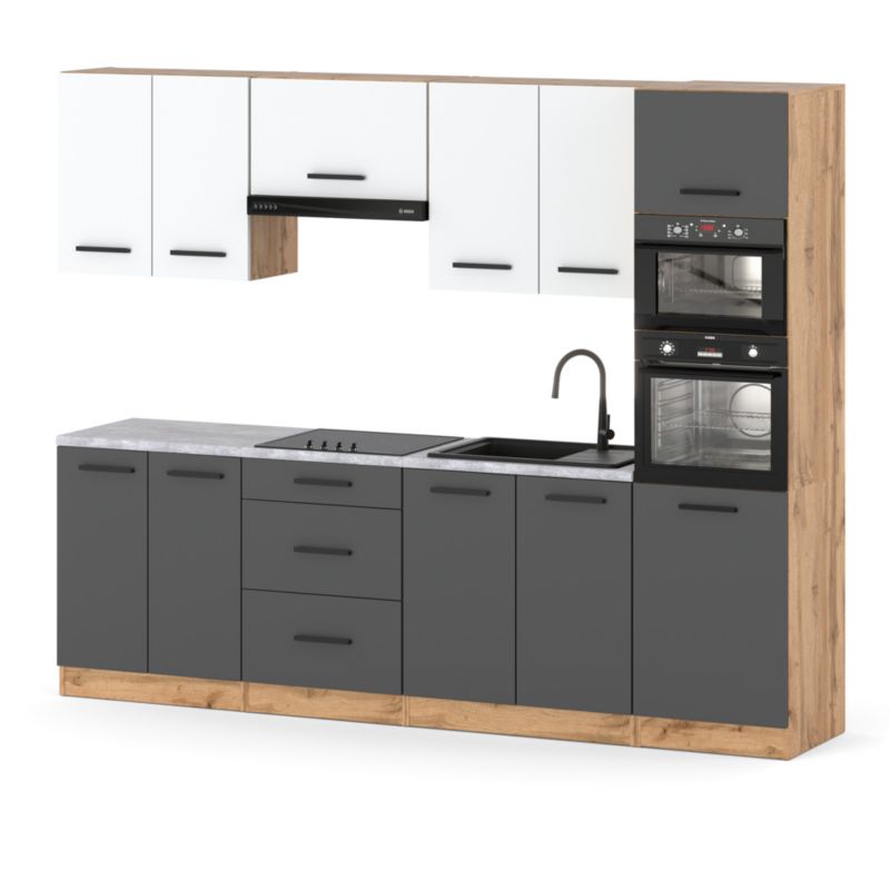 Zestaw Kuchenny Hurtownia-Mebli Z Blatem Kuchnia Marra 260cm Dąb Wotan Biały Mat/Szary Mat 260x47x217 cm 1szt.