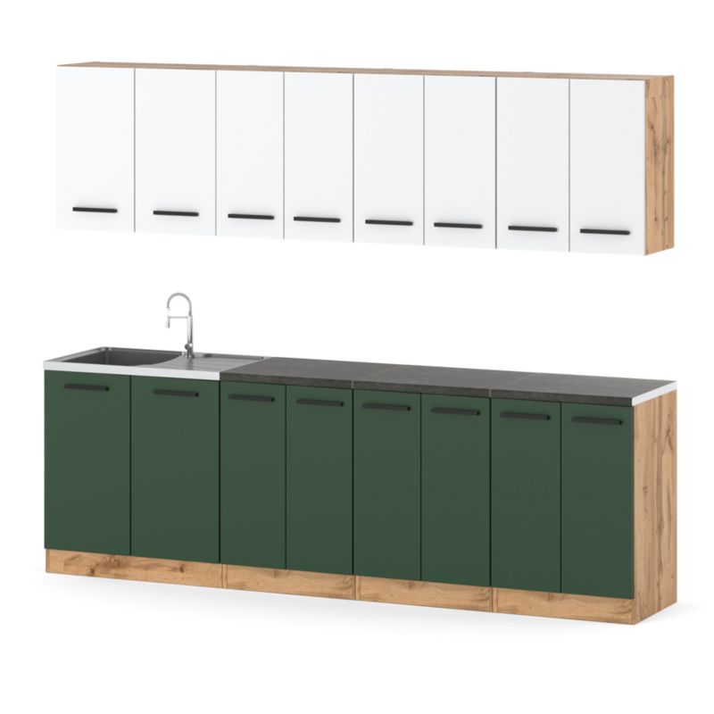 Zestaw Kuchenny Hurtownia-Mebli Z Blatem Kuchnia Vero 260cm Dąb Wotan Biały Mat/Butelkowa Zieleń 260x47x145 cm 1szt.