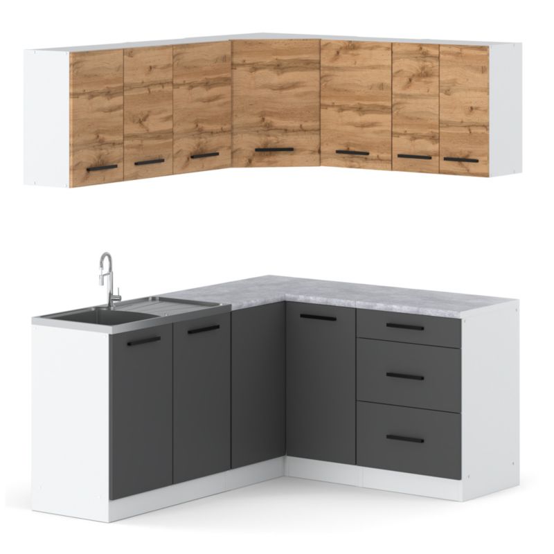 Zestaw Kuchenny Hurtownia-Mebli Z Blatem Kuchnia narożna Diana 320cm Biały Mat Dąb Wotan/Szary Mat 320x47x145 cm 1szt.