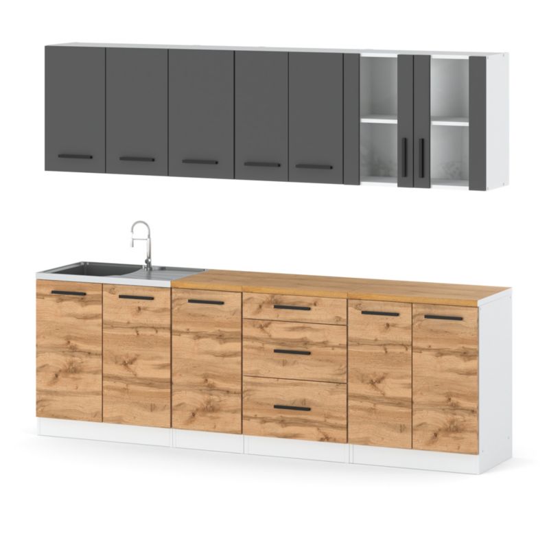 Zestaw Kuchenny Hurtownia-Mebli Z Blatem Kuchnia Remino 260cm Biały Mat Szary Mat/Dąb Wotan 260x47x145 cm 1szt.