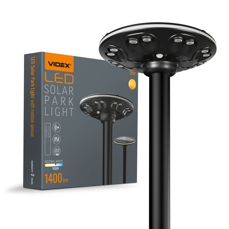 Głowica latarni ogrodwej solarna Videx Glso czarna LED 38.4W 3000K-5000K czujnik i pilot IP54 wym: 10 x 43 x 43 cm - 1 szt.