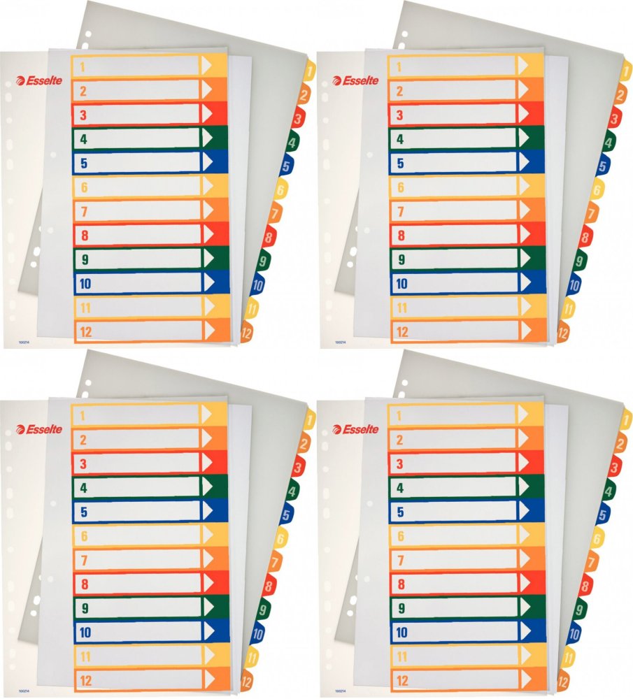4x Przekładki do segregatora Esselte Maxi, plastikowe, numeryczne, do zadruku, A4, 1-12 kart , mix kolorów