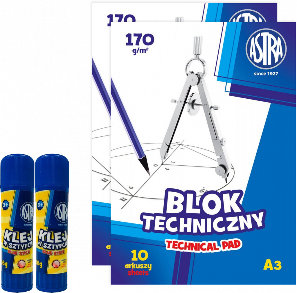 Zestaw: 2x Klej w sztyfcie Astra, 36g + 2x Blok techniczny Astra, A3, 10 kartek, biały