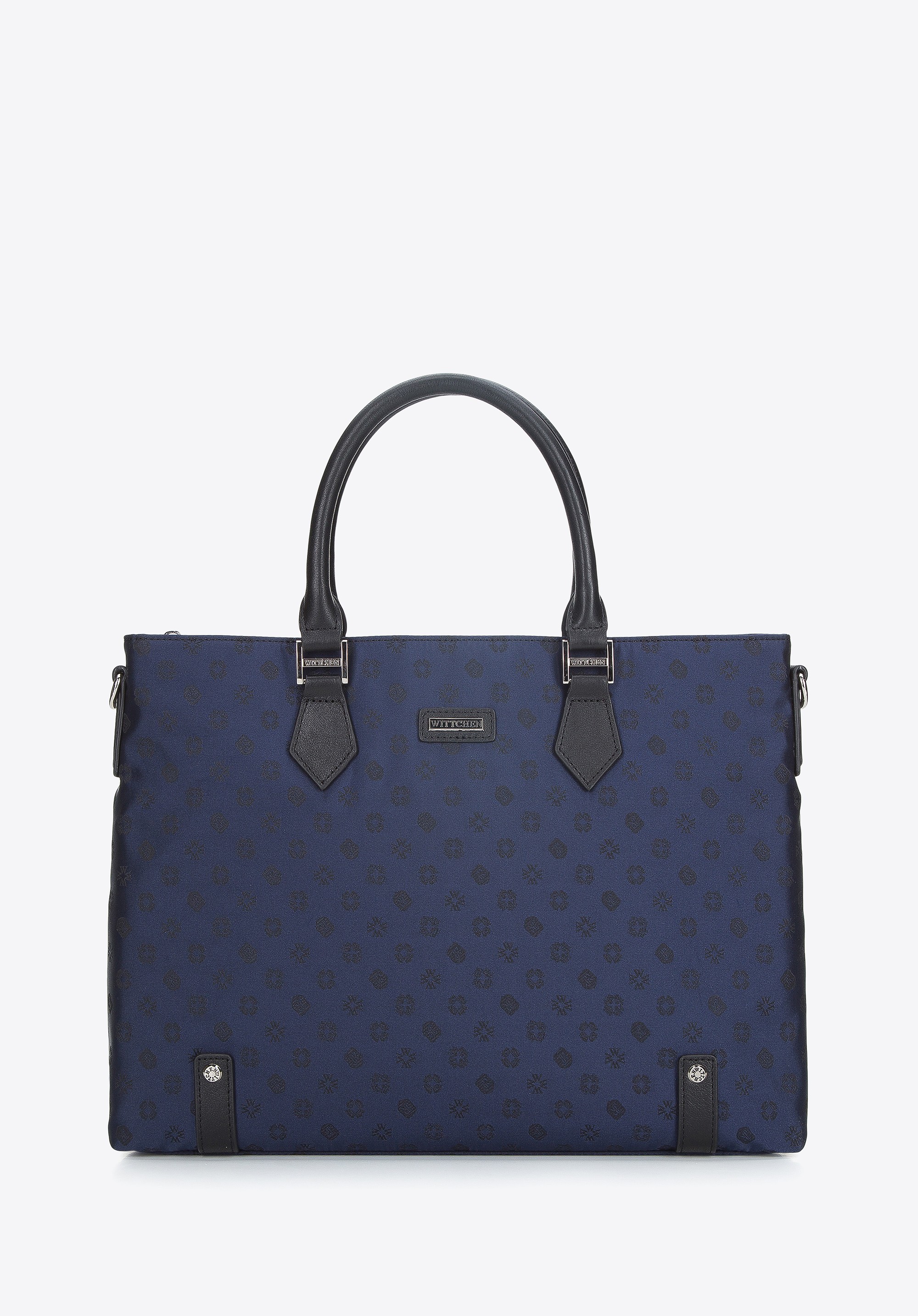 Damska torba na laptopa 12” z żakardu z opaskami ze skóry granatowa
