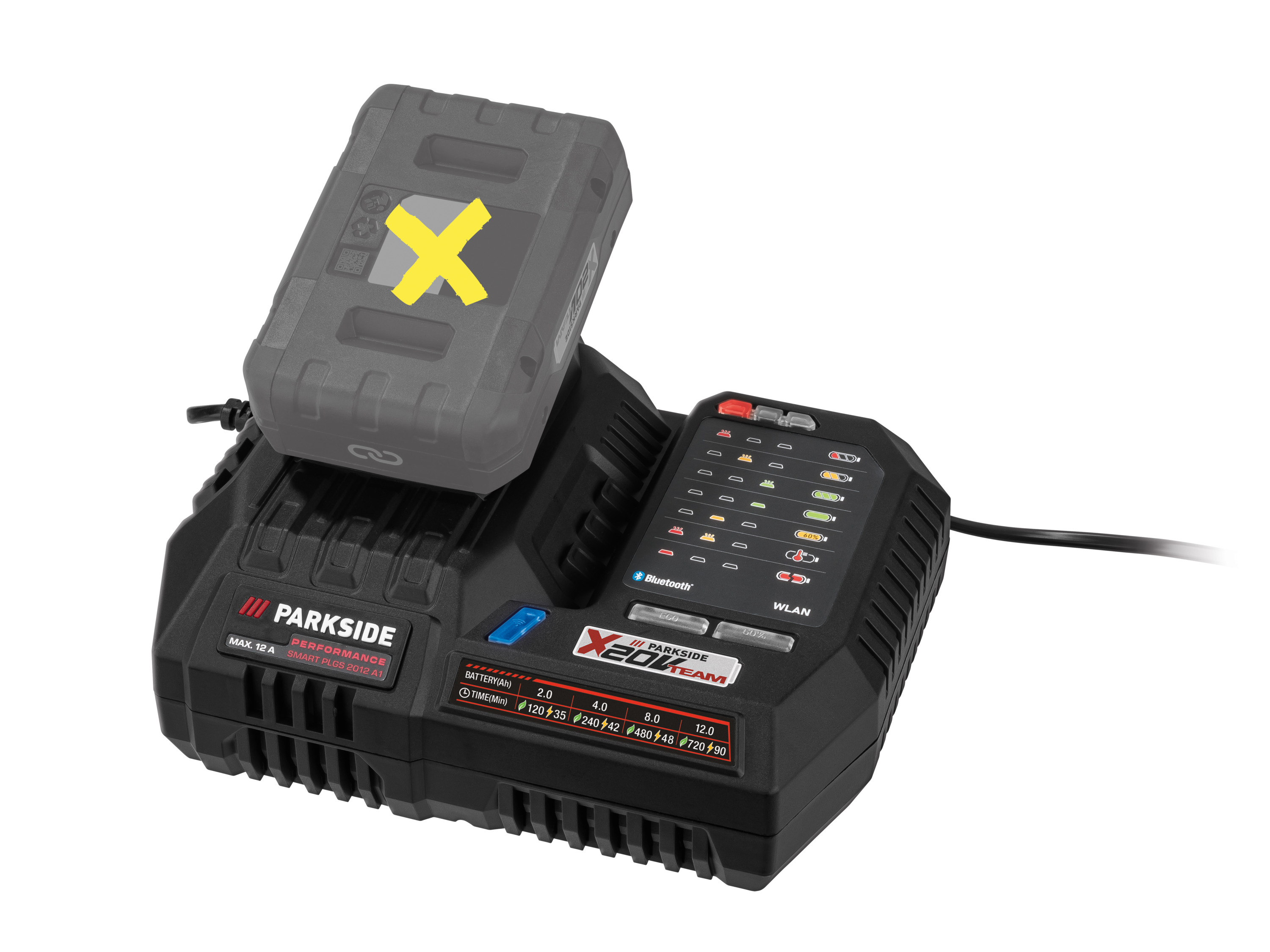 PARKSIDE PERFORMANCE Inteligentna ładowarka do akumulatorów 20 V, PLGS 2012 A1, 12 A, z technologią Bluetooth, 5 profili ładowania, szybkie ładowanie