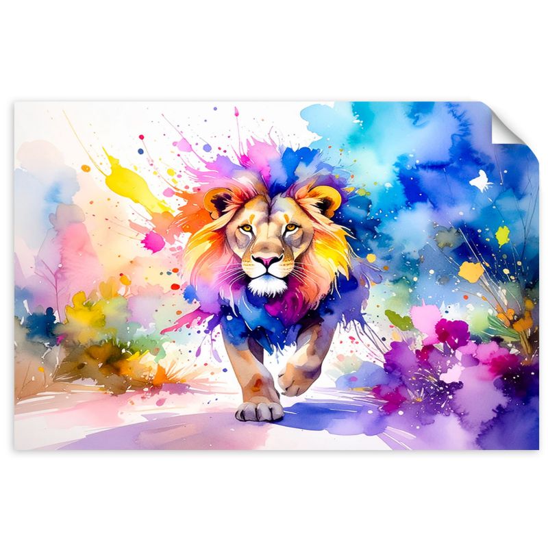Plakaty samoprzylepne do salonu sypialni Feeby Kolorowy Lew w dżungli Akwarela 90x60cm 1szt