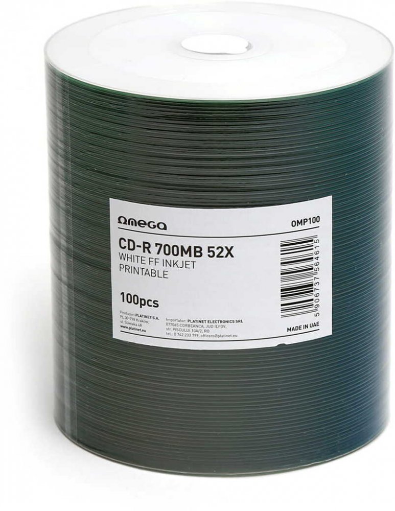 Płyta CD-R Omega, do nadruku, do jednokrotnego zapisu, 700 MB, folia, 100 sztuk