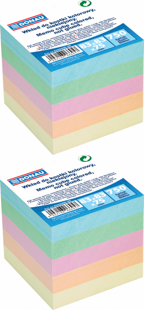 2x Karteczki do notatek Donau, nieklejone, 83x83x75mm, 750 kartek, mix kolorów