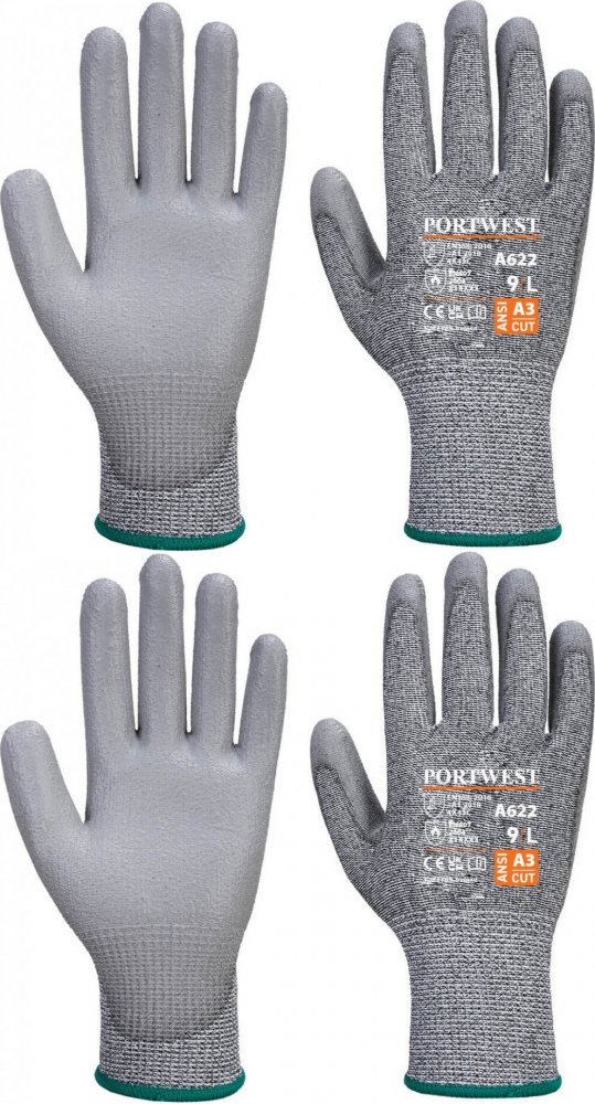 2x Rękawice robocze PU Portwest A622, antyprzecięciowe, powlekane, rozmiar L, szary