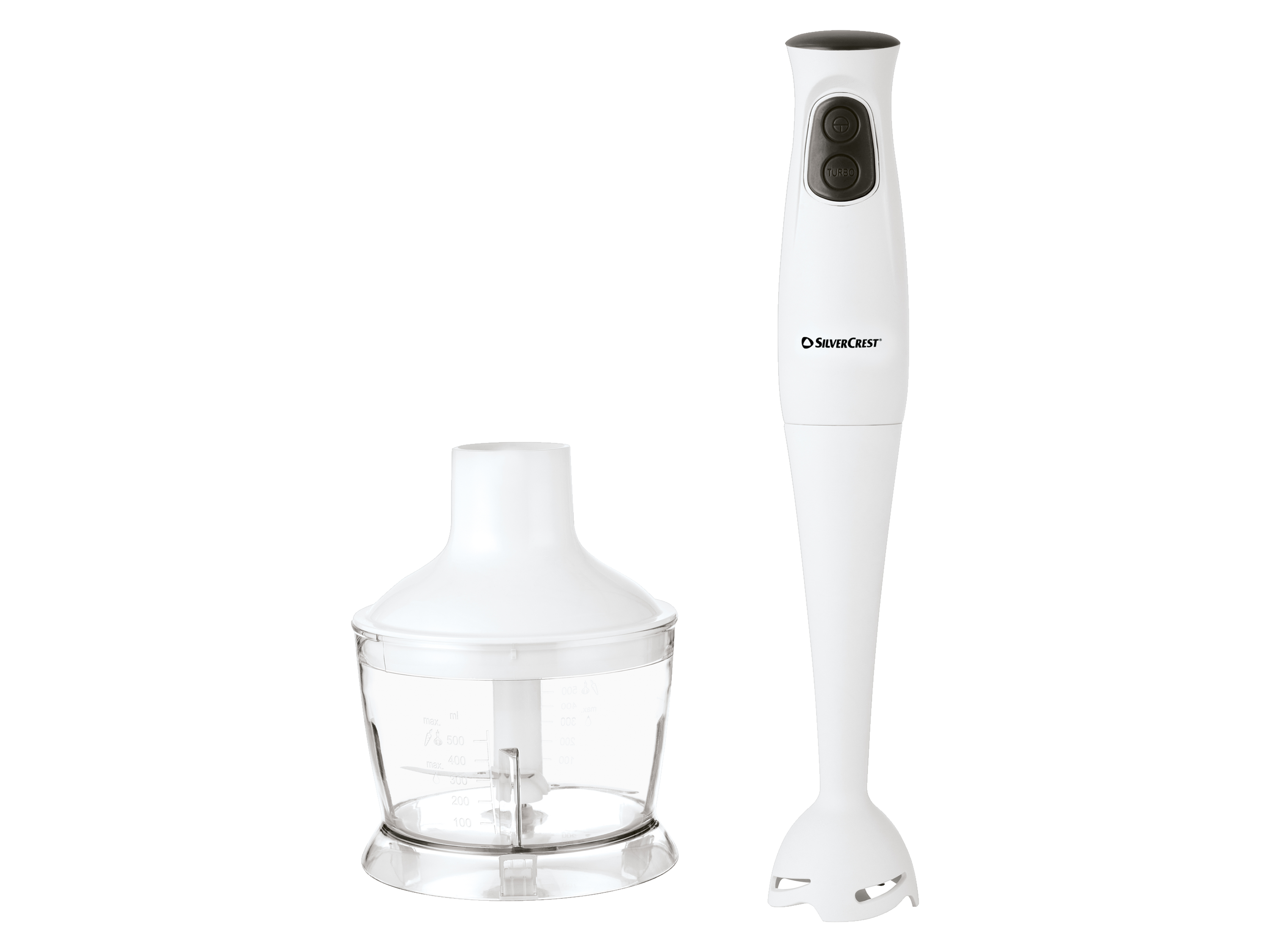 SILVERCREST Blender ręczny z akcesoriami, 350 W, rozdrabniacz 500 ml, noże ze stali nierdzewnej, ergonomiczny przycisk, 5 przepisów