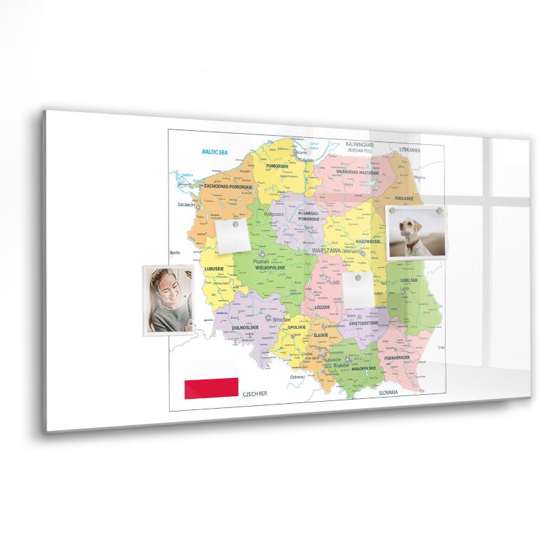 Szklana tablica magnetyczna Wallfluent 120x60 cm Mapa polski Czarny marker 1 szt.