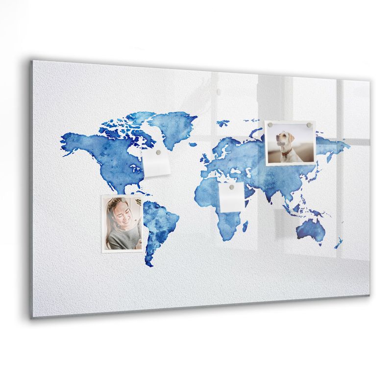 Szklana tablica magnetyczna Wallfluent 90x60 cm Mapa świata akwarele Czarny marker 1 szt.