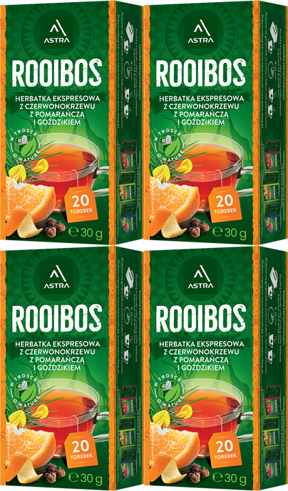 4x Herbata Rooibos w torebkach Astra, pomarańcza i goździk, 20 sztuk x 1.5g