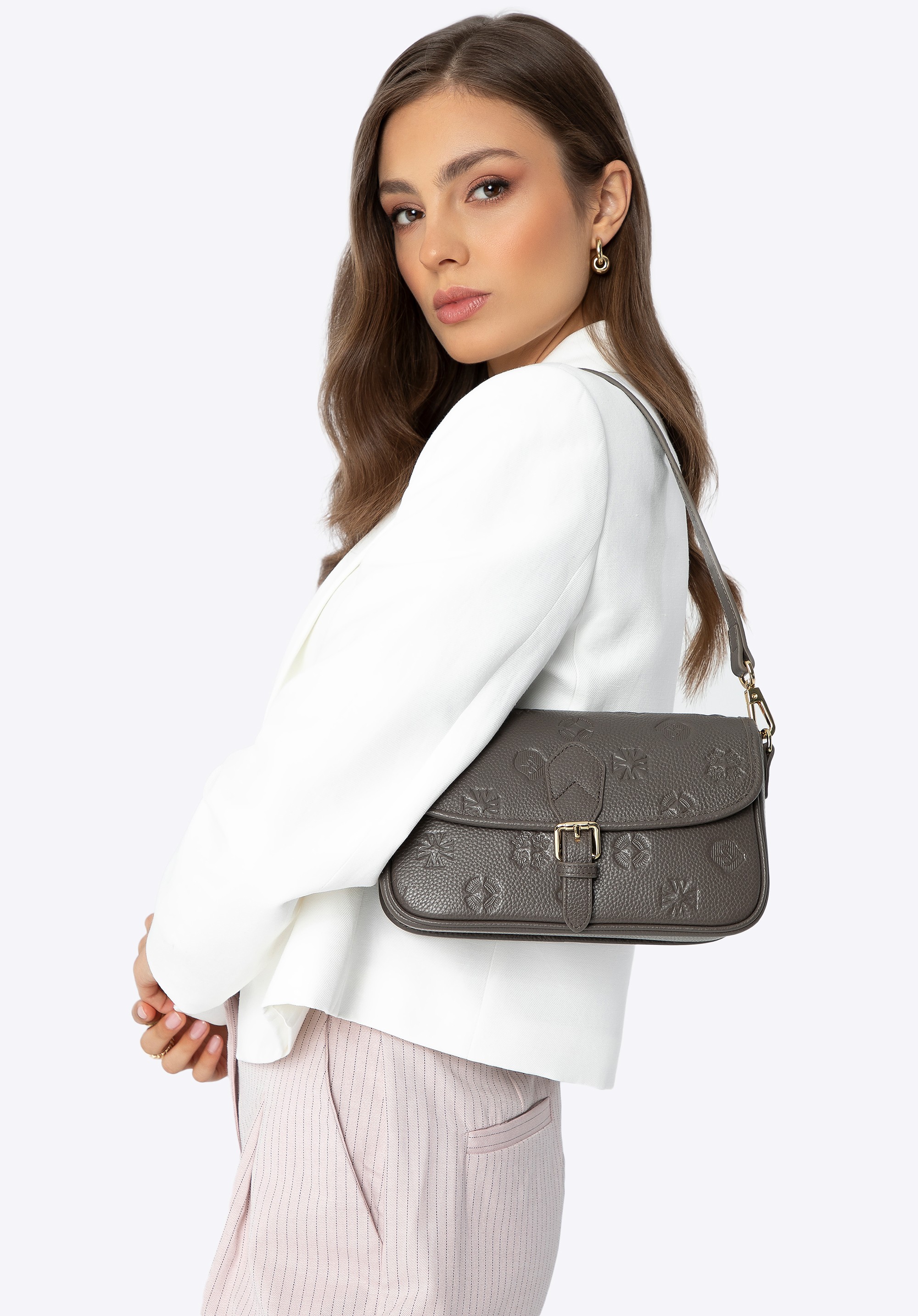 Damska mała torebka skórzana w monogram taupe