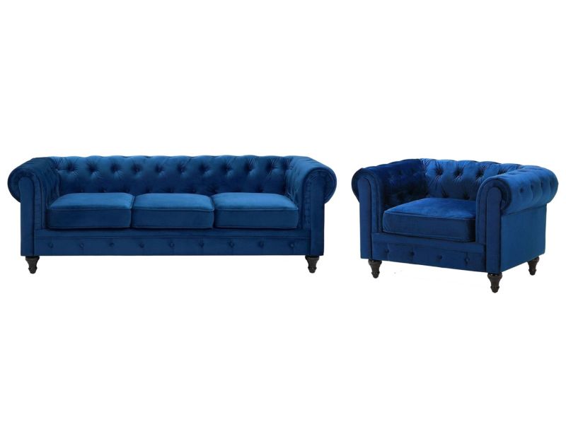 Komplet wypoczynkowy welurowy 4-osobowy ciemnoniebieski Chesterfield 1 kpl