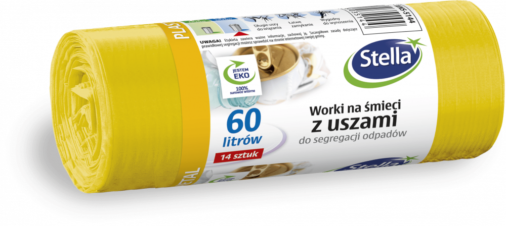 Worki na śmieci Stella, na metal/plastik, ekologiczne, 60l, 14 sztuk, żółty