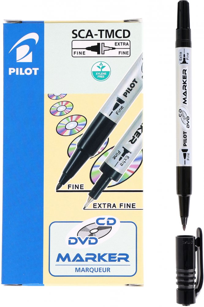 12x Marker dwustronny do płyt CD i DVD Pilot Twin, okrągła, 0.4mm/0.7mm, czarny