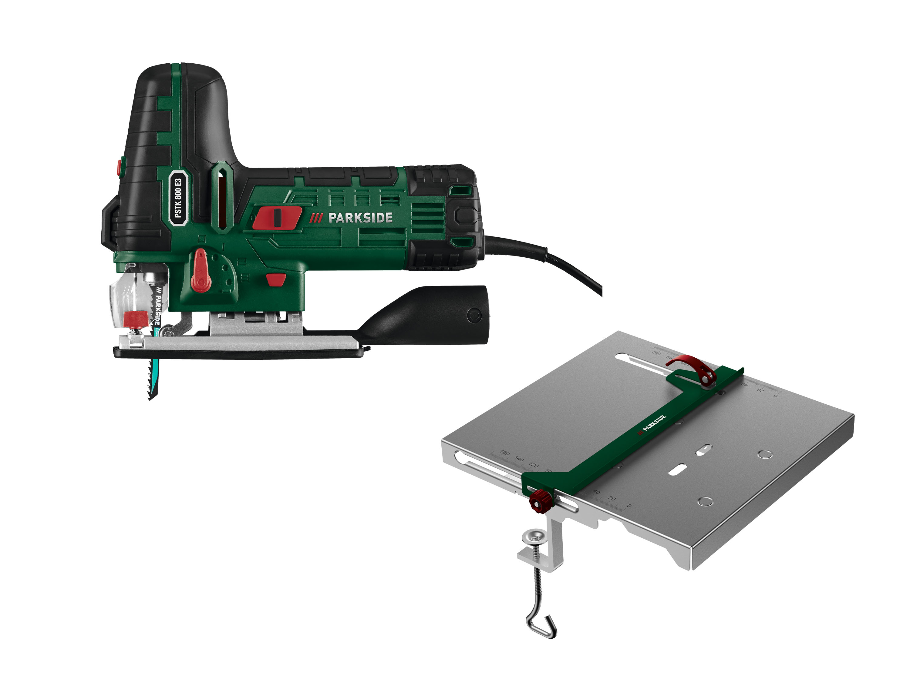 PARKSIDE Zestaw Wyrzynarka, 800 W i stół do wyrzynarki, laser, regulowany kąt cięcia, akcesoria Swiss Made