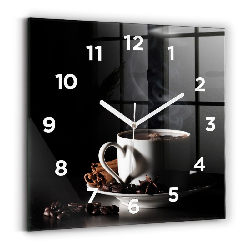 Zegar z białymi wskazówkami Wallfluent 30x30 cm Filiżanka kawy Szklany 1 szt.
