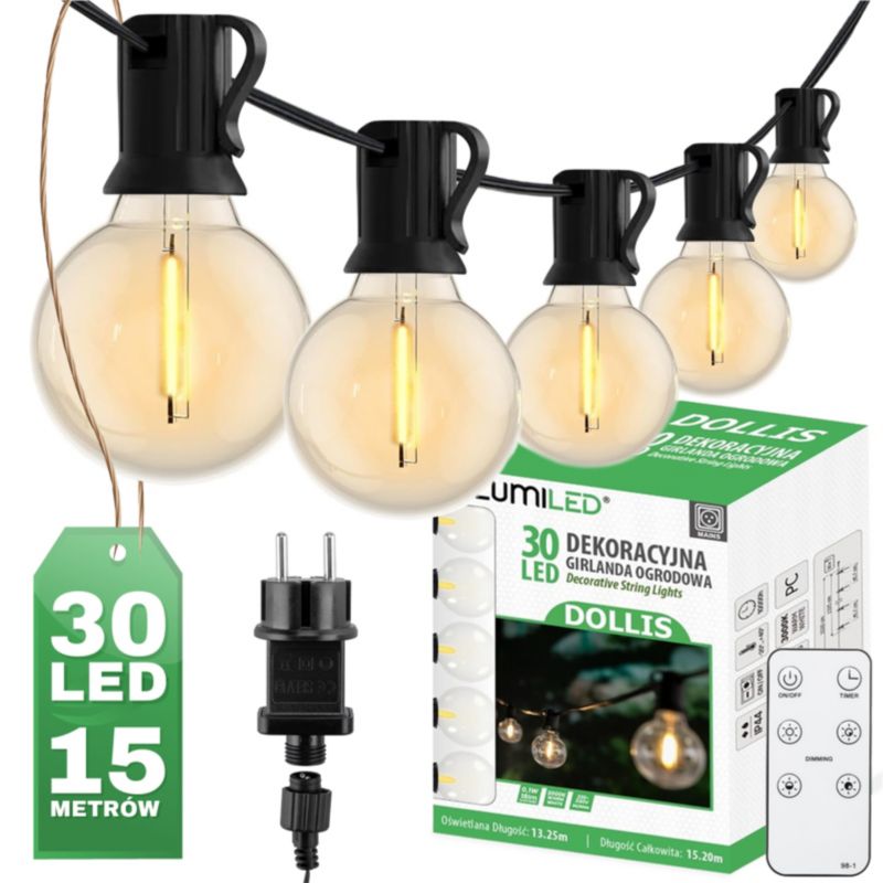 Girlanda Ogrodowa Lumiled Zewnętrzna Łańcuch Świetlny 15.2m 30x LED Ozdobne Kuleczki 3000K z Pilotem 1 szt.