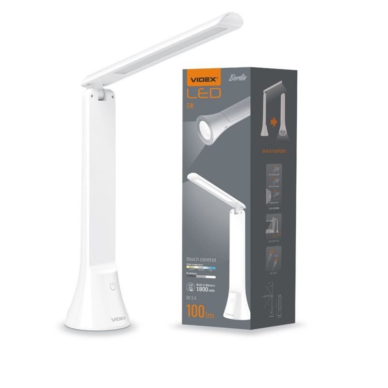 Lampa biurkowa Videx biała LED 5W 3000K / 4000K / 6500K 100lm akumulator IP20 wym: 26.4 x 7.4 x 7.4 cm tworzywo sztuczne - 1 szt.