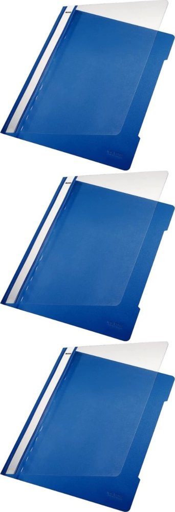 3x Skoroszyt plastikowy bez oczek Leitz, A4, do 250 kartek, niebieski