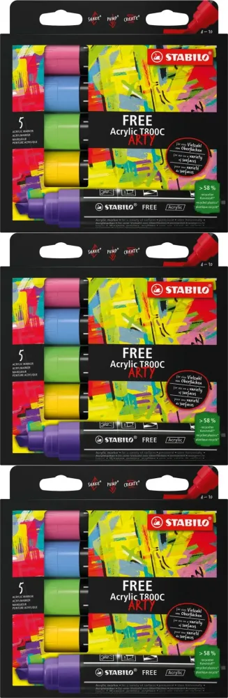 3x Pisak akrylowy Stabilo Free Acrylic T800C 693/5 Seaside Set, ścięta, 4-10mm, 5 sztuk, mix kolorów