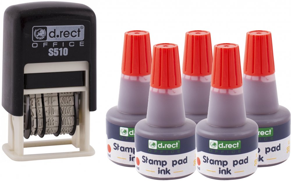 Zestaw: Datownik D.Rect S510, wersja cyfrowa + 5x Tusz do stempli D.Rect, 30ml, czerwony